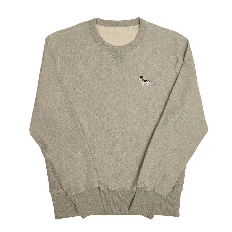 Heather grey fleece crewneck sweatshirt.